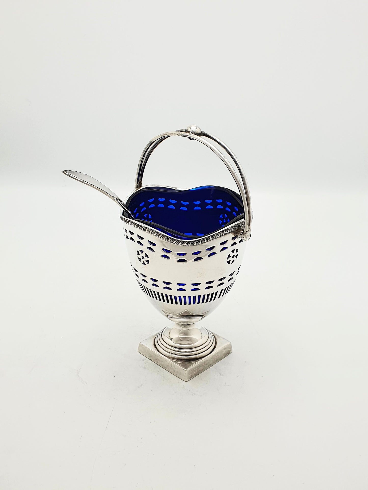 Antique Silver Plate Pierced Sugar Bowl With Cobalt Glass Liner & Sifter – circa 1905