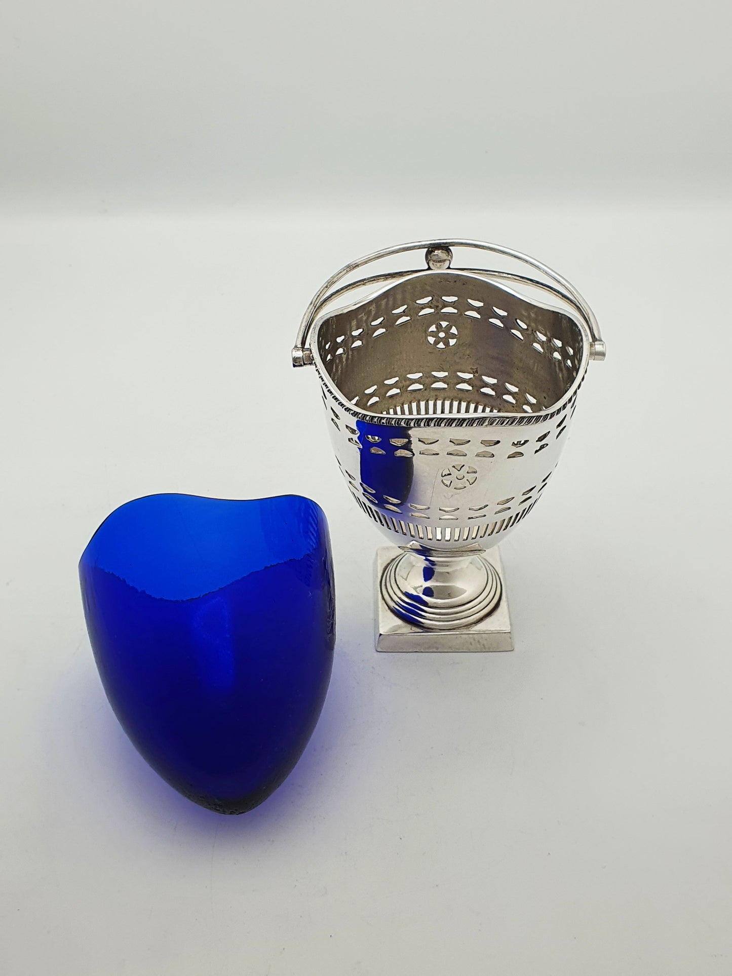 Antique Silver Plate Pierced Sugar Bowl With Cobalt Glass Liner & Sifter – circa 1905