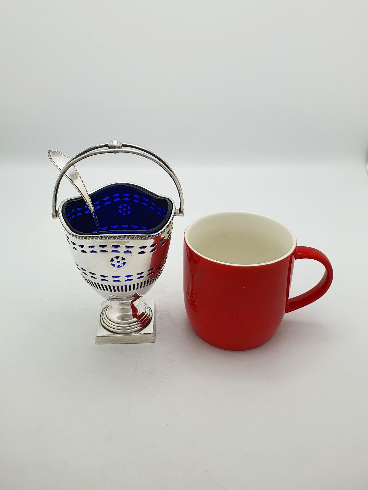 Antique Silver Plate Pierced Sugar Bowl With Cobalt Glass Liner & Sifter – circa 1905
