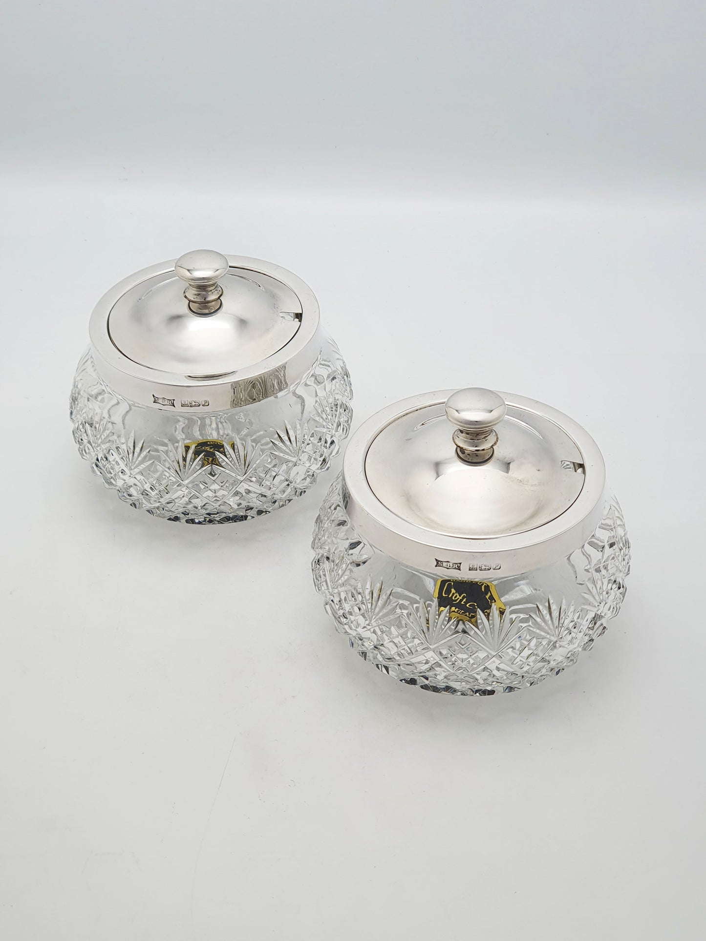 Lovely Pair Of Cut Glass Preserve Jars With Sterling Silver Lids And Collars - 1989