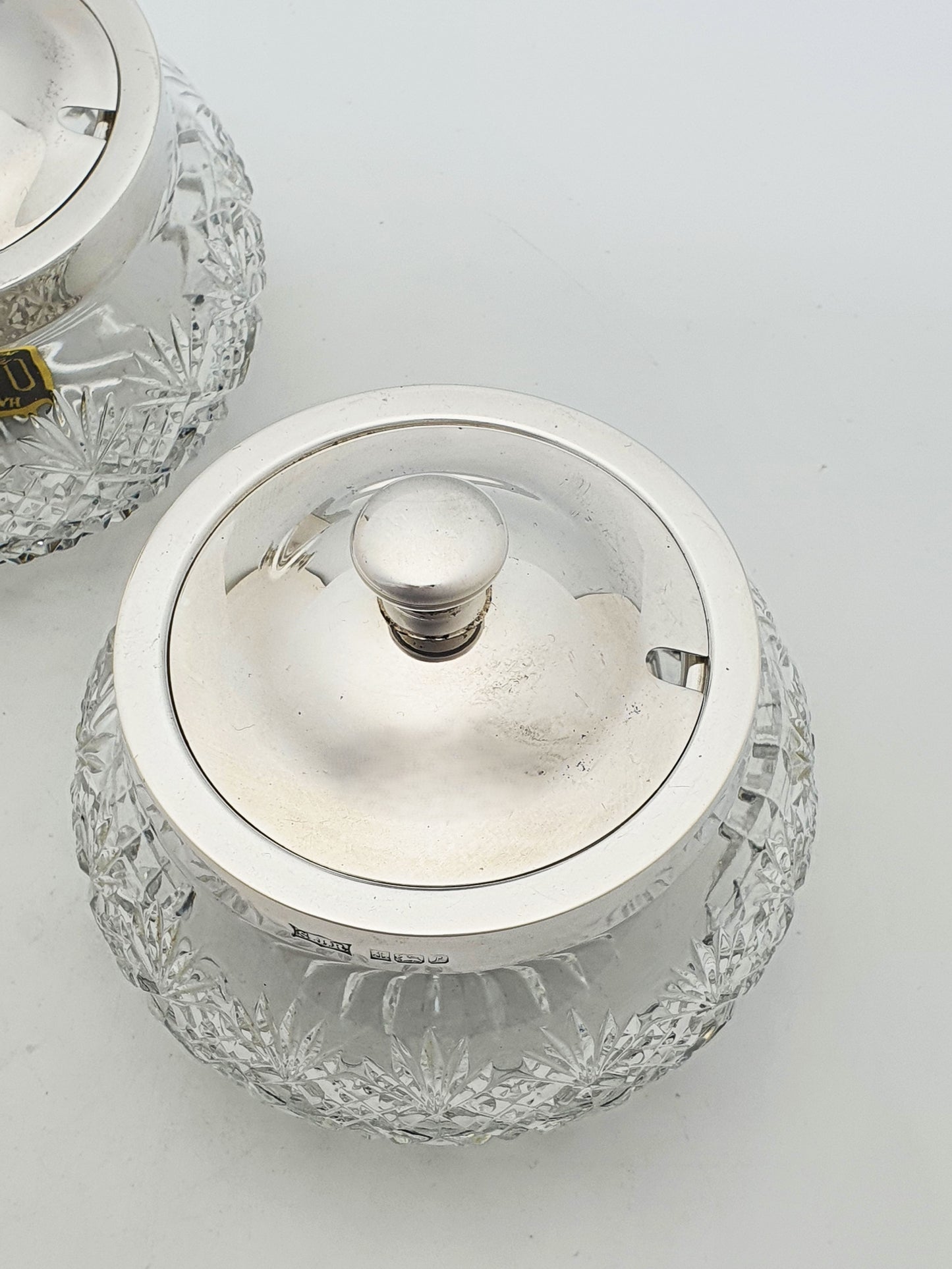 Lovely Pair Of Cut Glass Preserve Jars With Sterling Silver Lids And Collars - 1989