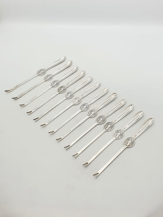 Antique Silver Plated Lobster Picks Set Of 12 With Lobster Medallion Handles – circa 1920