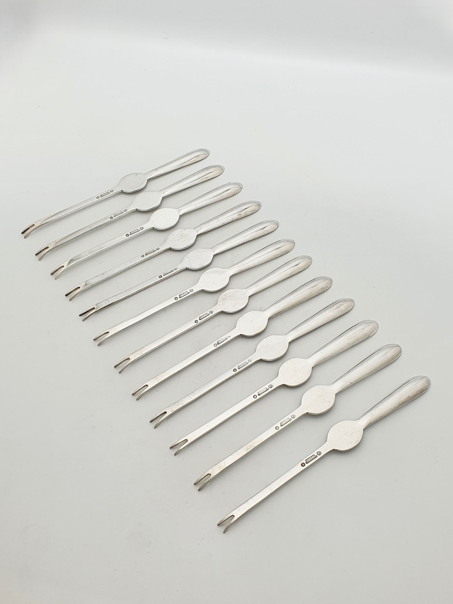 Antique Silver Plated Lobster Picks Set Of 12 With Lobster Medallion Handles – circa 1920