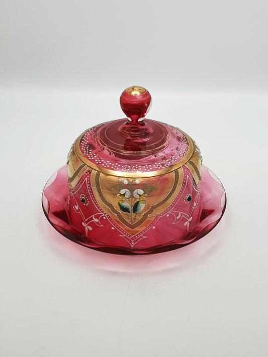 Small Antique Continental Cranberry Glass Covered Cheese Dish – circa 1900