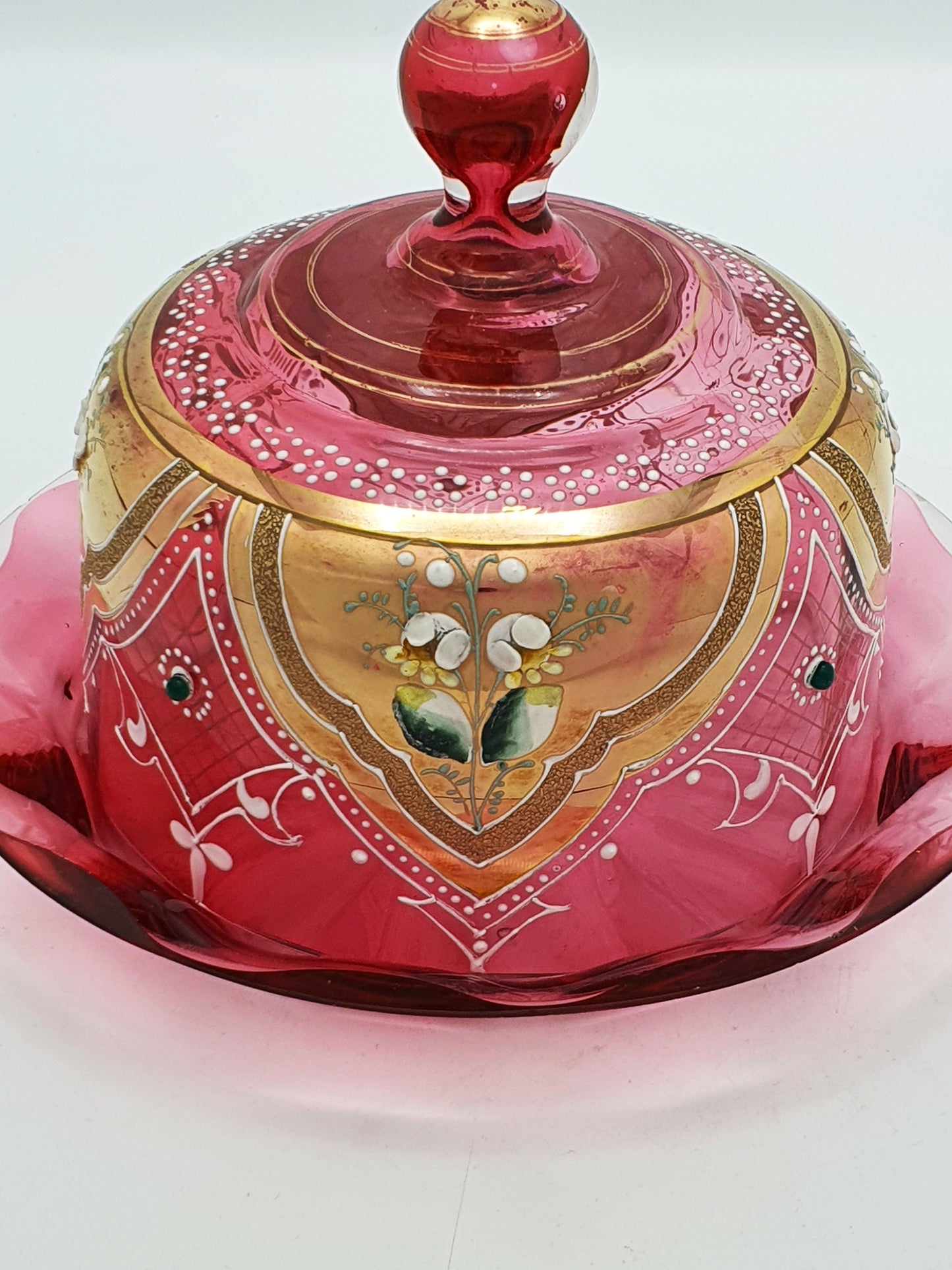 Small Antique Continental Cranberry Glass Covered Cheese Dish – circa 1900