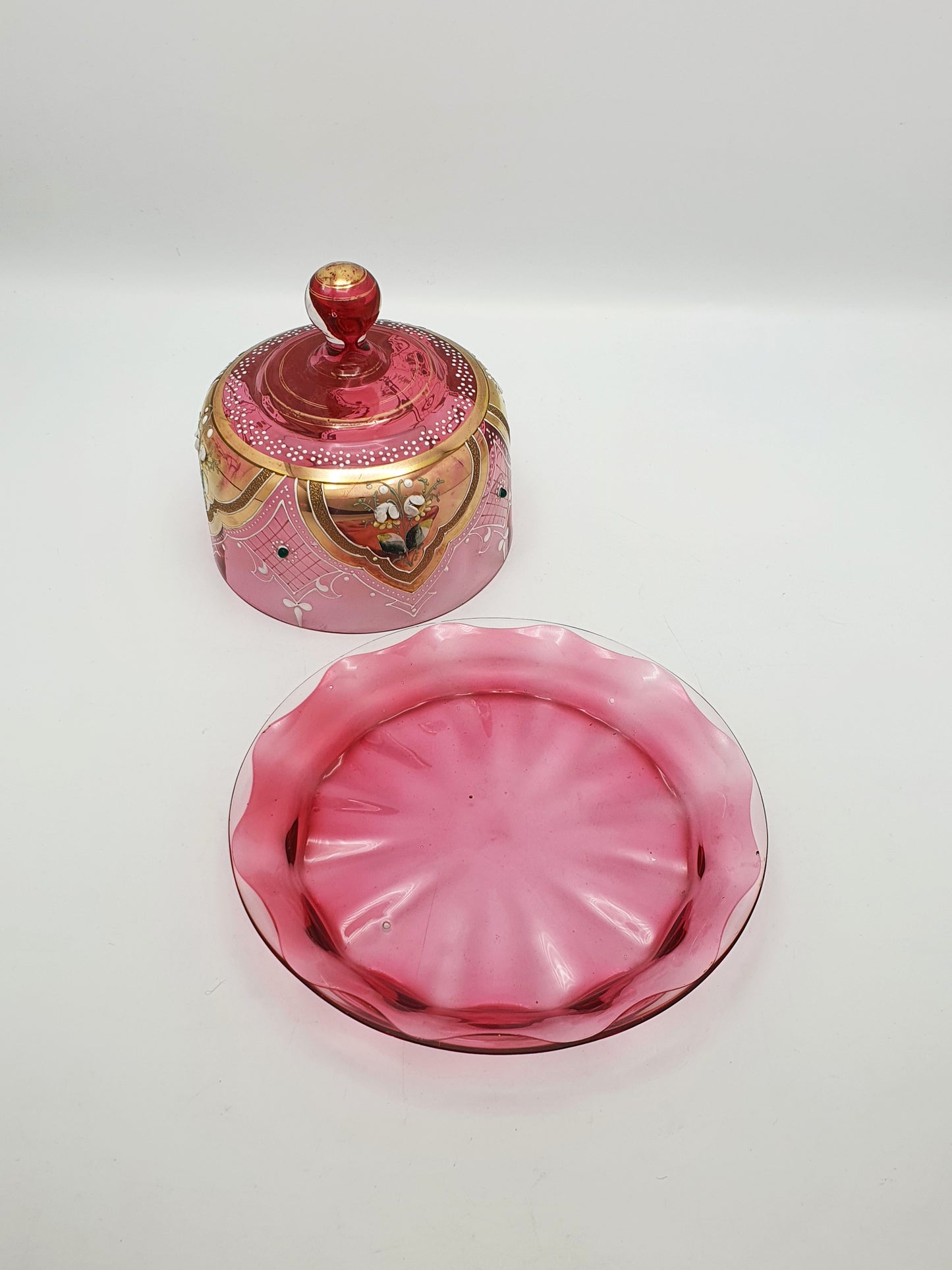 Small Antique Continental Cranberry Glass Covered Cheese Dish – circa 1900