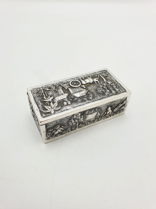 Antique Indian Silver Village Scene Repoussé Rectangular Trinket Box – circa 1900