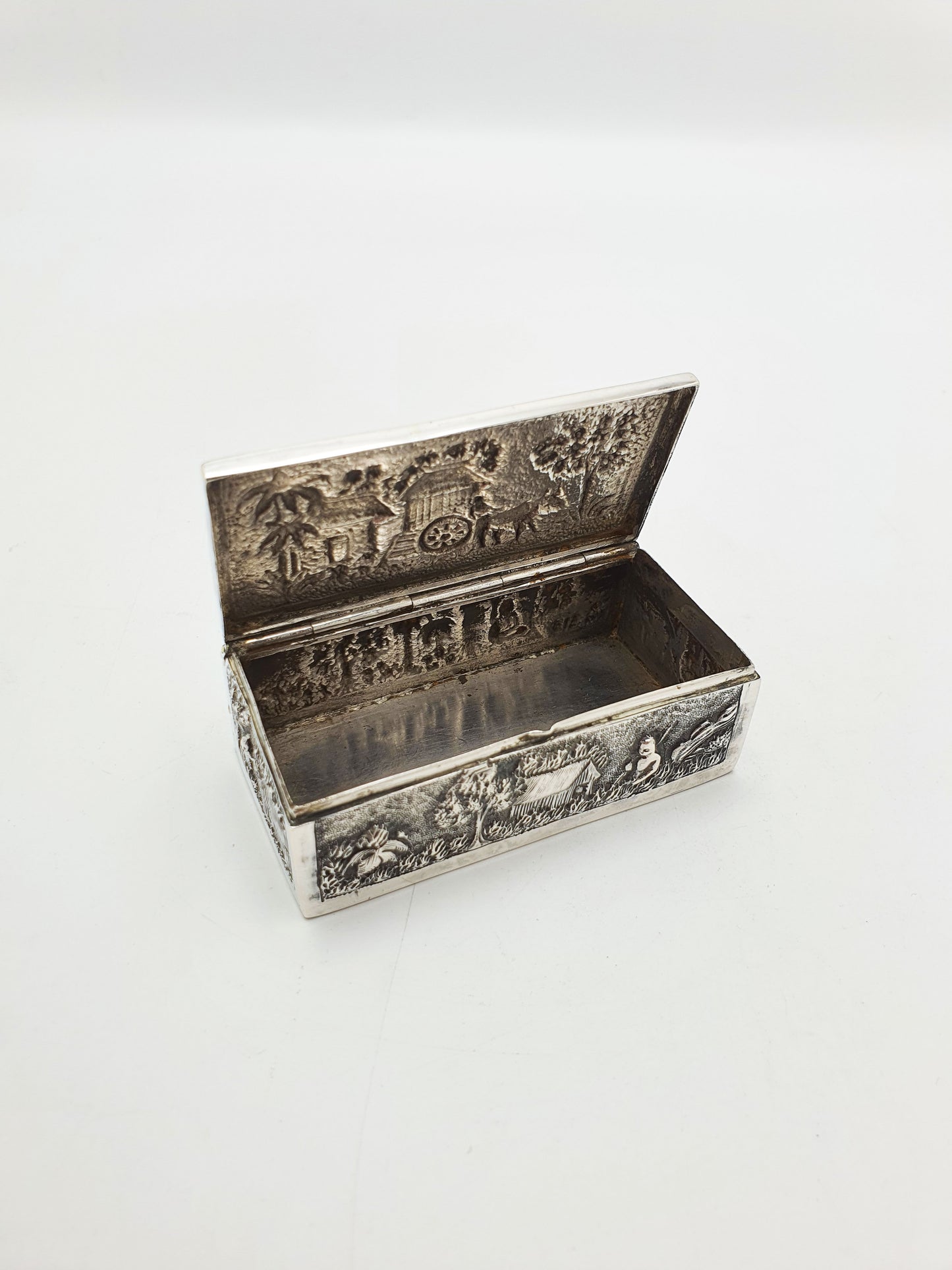 Antique Indian Silver Village Scene Repoussé Rectangular Trinket Box – circa 1900