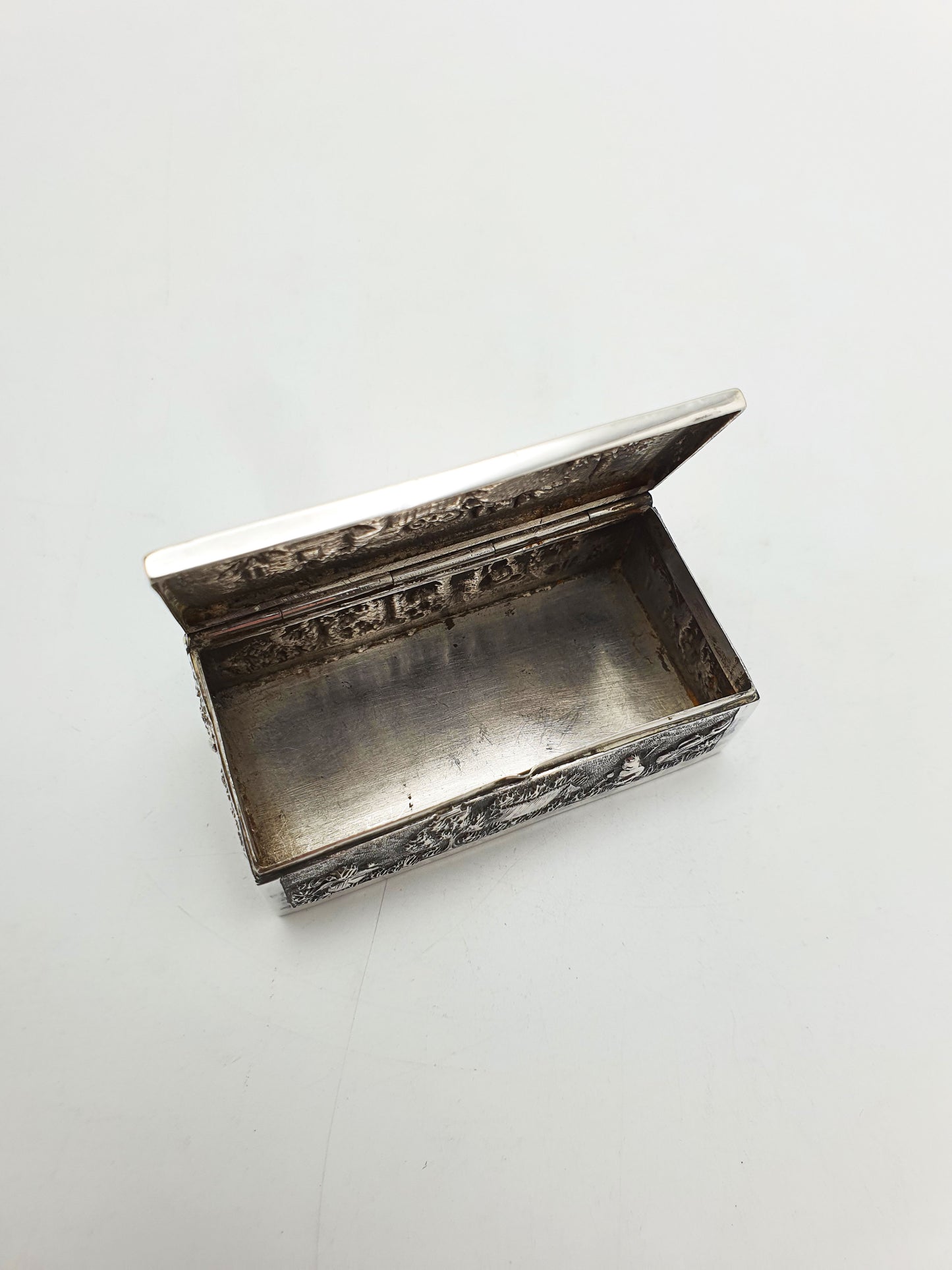 Antique Indian Silver Village Scene Repoussé Rectangular Trinket Box – circa 1900