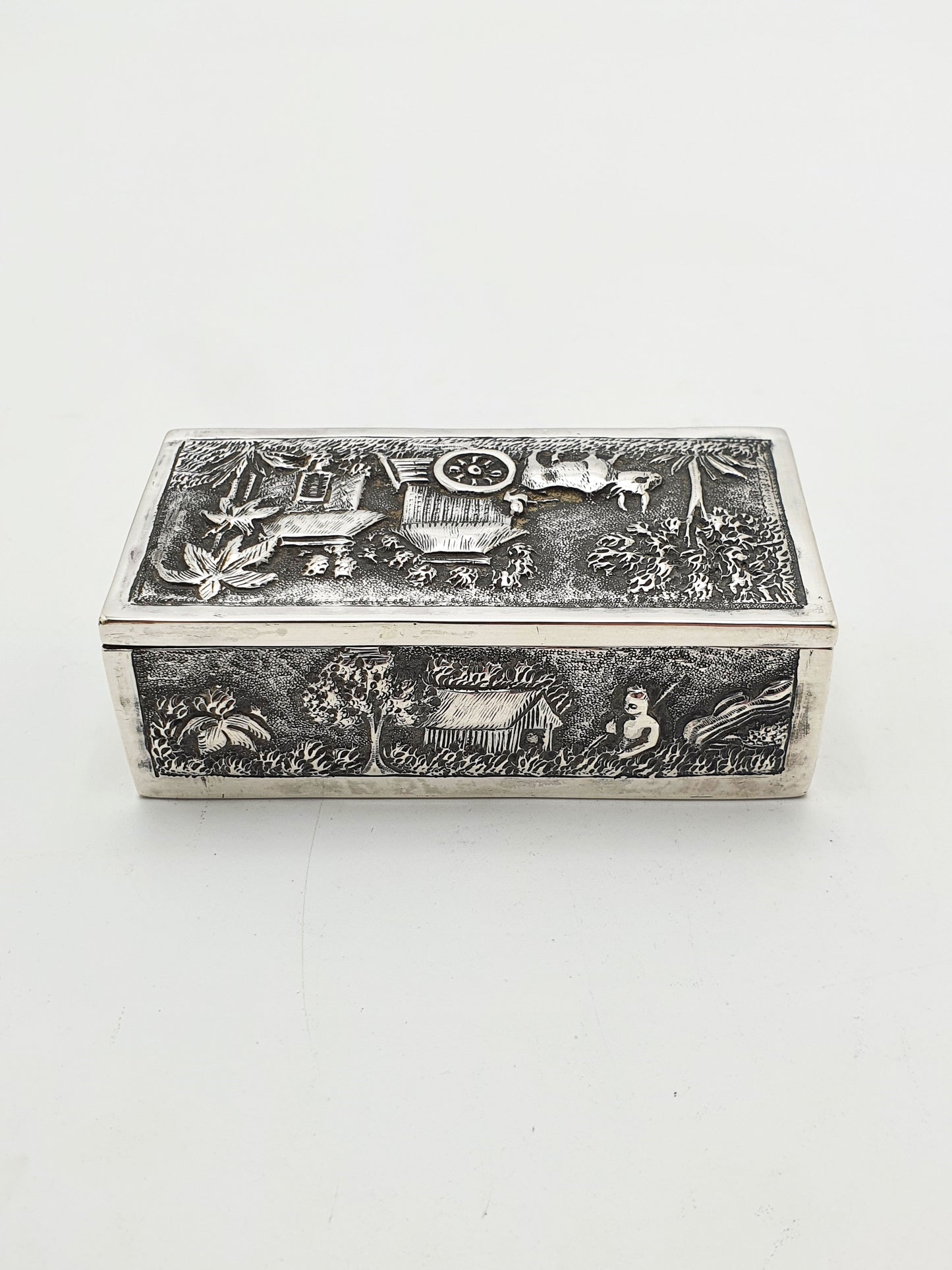 Antique Indian Silver Village Scene Repoussé Rectangular Trinket Box – circa 1900