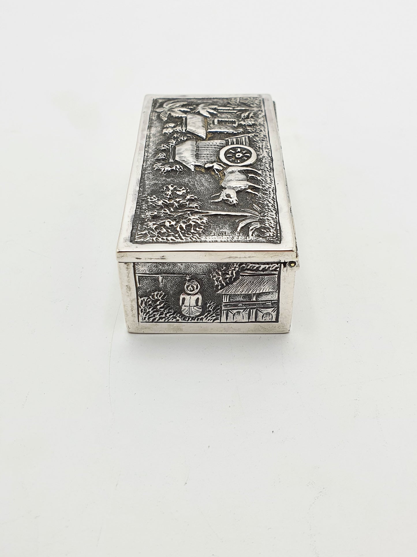 Antique Indian Silver Village Scene Repoussé Rectangular Trinket Box – circa 1900