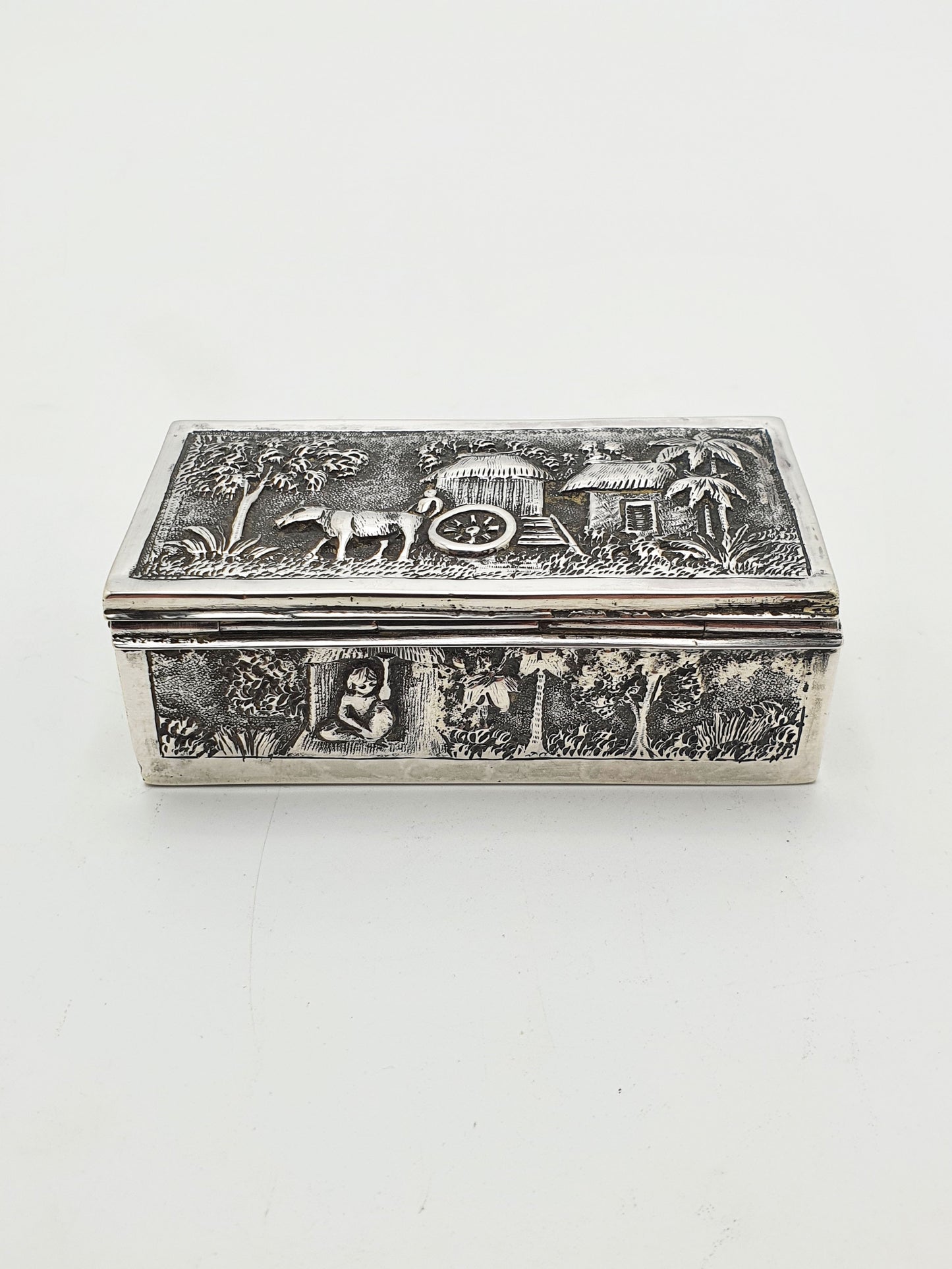 Antique Indian Silver Village Scene Repoussé Rectangular Trinket Box – circa 1900
