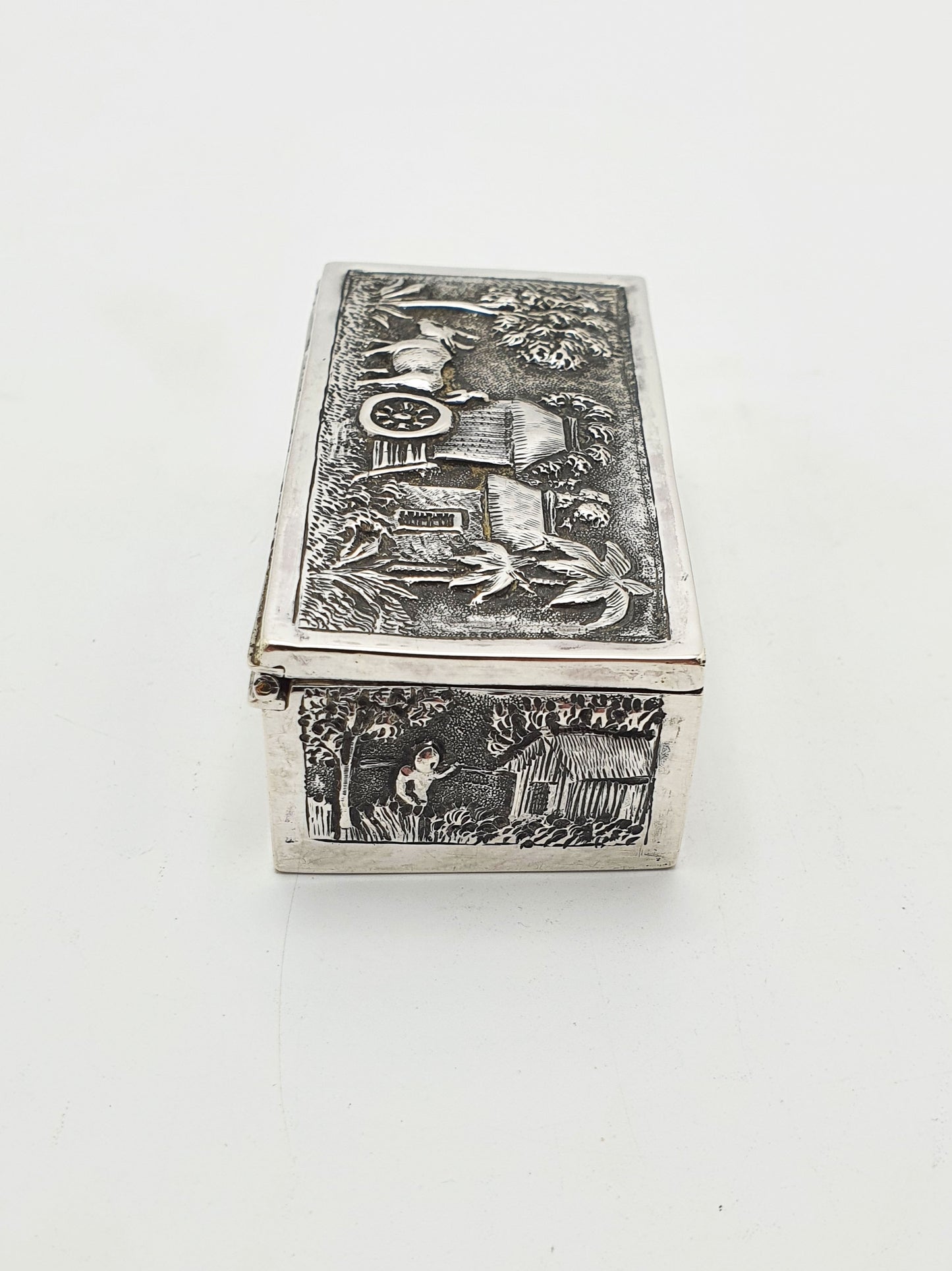 Antique Indian Silver Village Scene Repoussé Rectangular Trinket Box – circa 1900