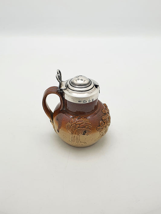 Antique Georgian Stoneware Jug With Sterling Silver Collar & Hinged Lid –  1828