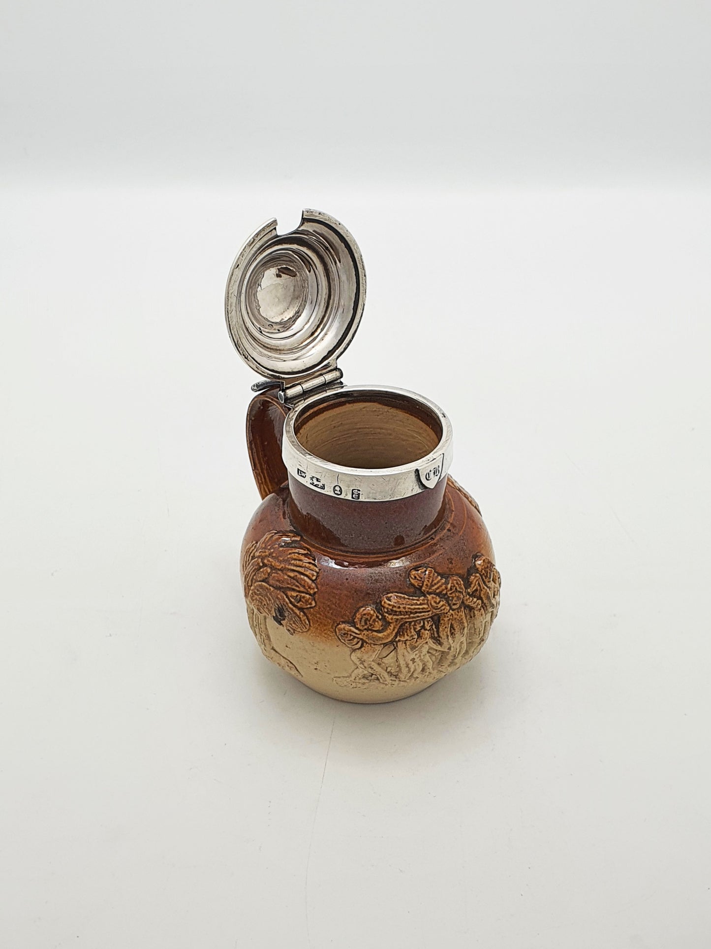 Antique Georgian Stoneware Jug With Sterling Silver Collar & Hinged Lid –  1828