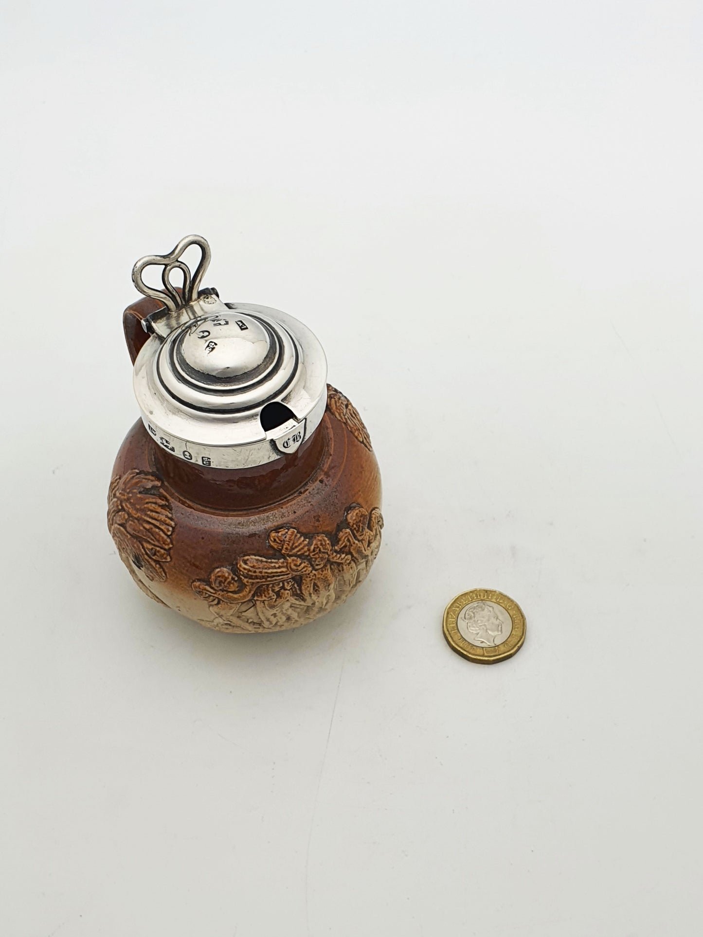 Antique Georgian Stoneware Jug With Sterling Silver Collar & Hinged Lid –  1828