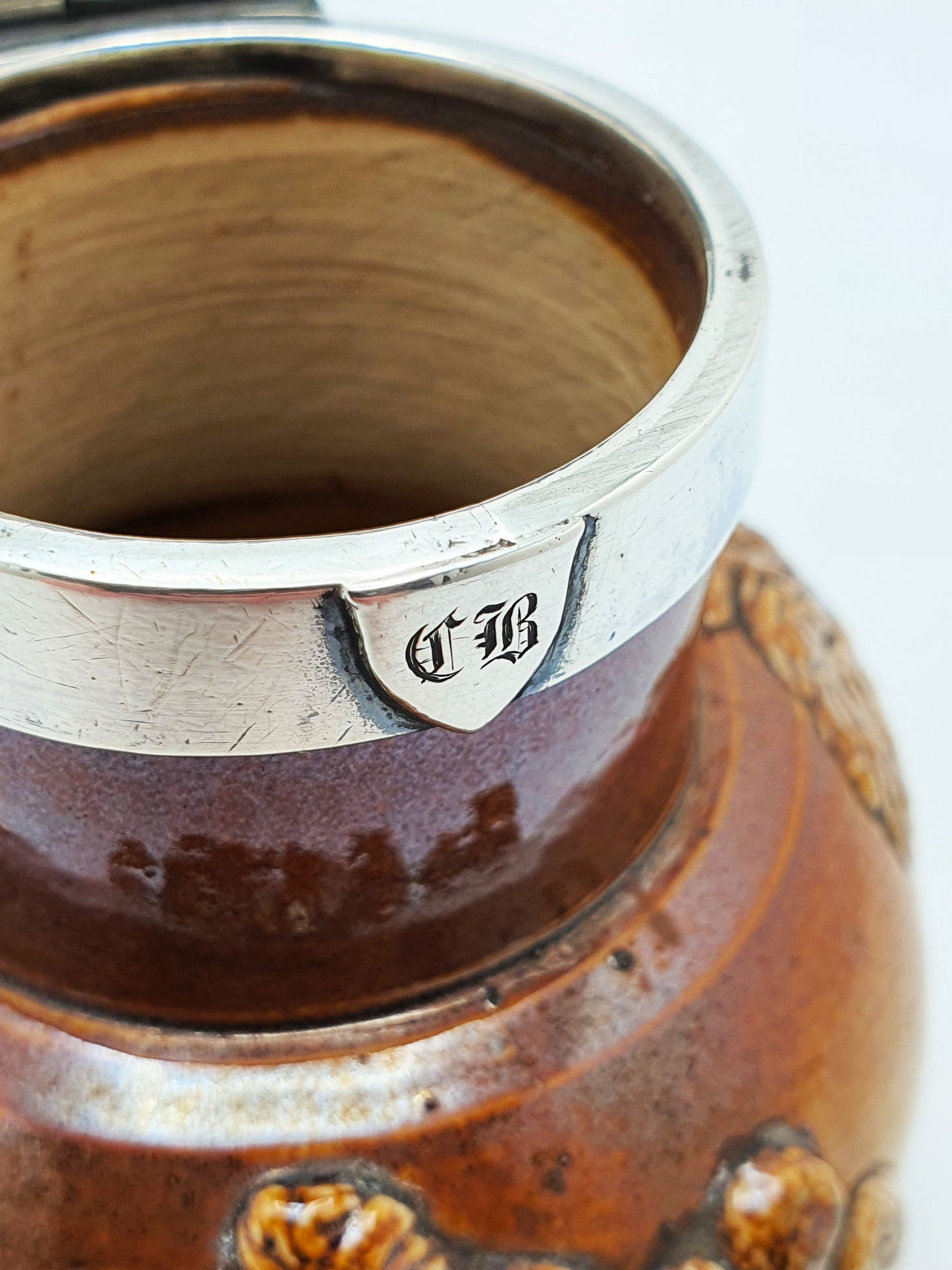 Antique Georgian Stoneware Jug With Sterling Silver Collar & Hinged Lid –  1828