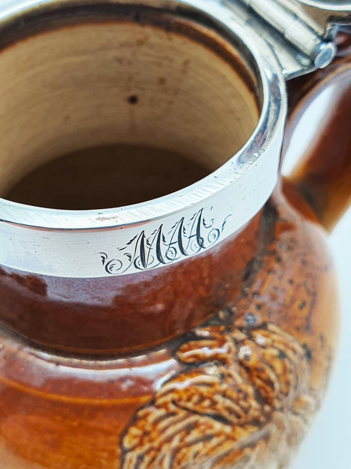 Antique Georgian Stoneware Jug With Sterling Silver Collar & Hinged Lid –  1828
