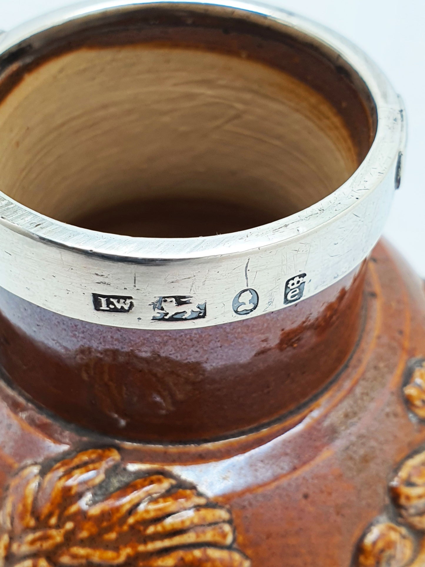Antique Georgian Stoneware Jug With Sterling Silver Collar & Hinged Lid –  1828