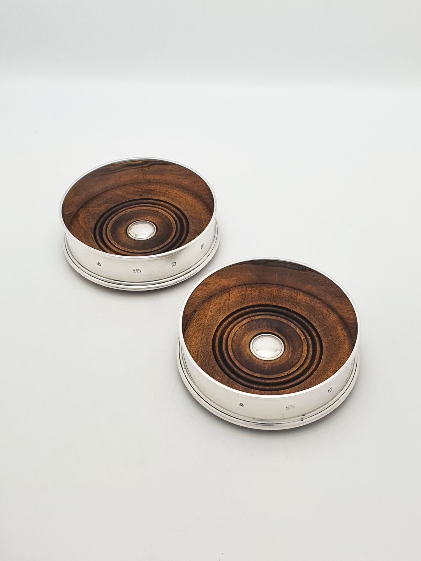 Pair Of Vintage Sterling Silver And Turned Wood Wine Bottle Coasters – London, 1996