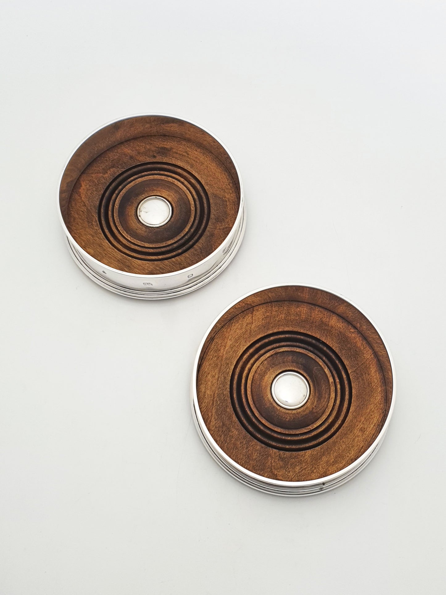 Pair Of Vintage Sterling Silver And Turned Wood Wine Bottle Coasters – London, 1996