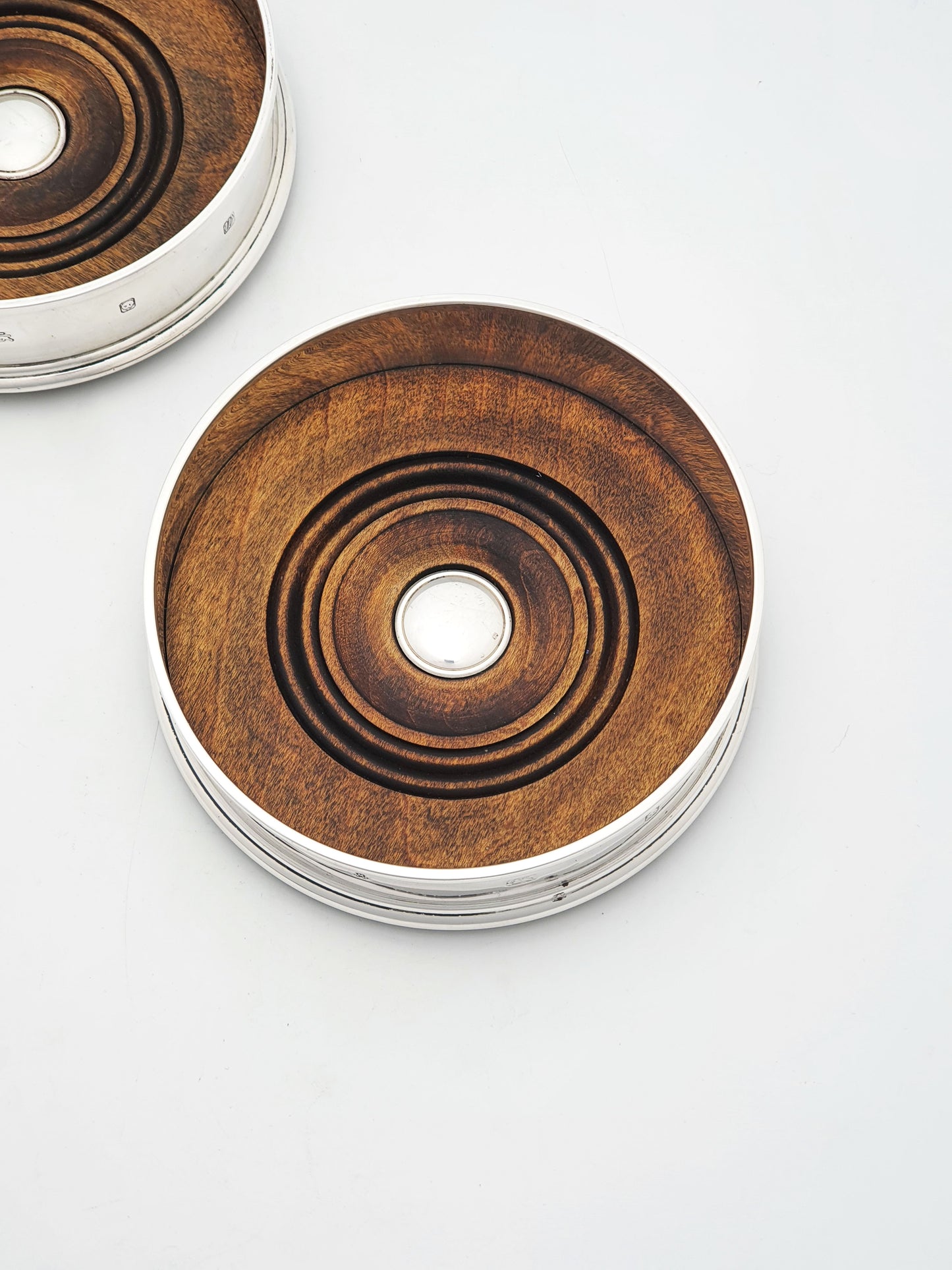 Pair Of Vintage Sterling Silver And Turned Wood Wine Bottle Coasters – London, 1996