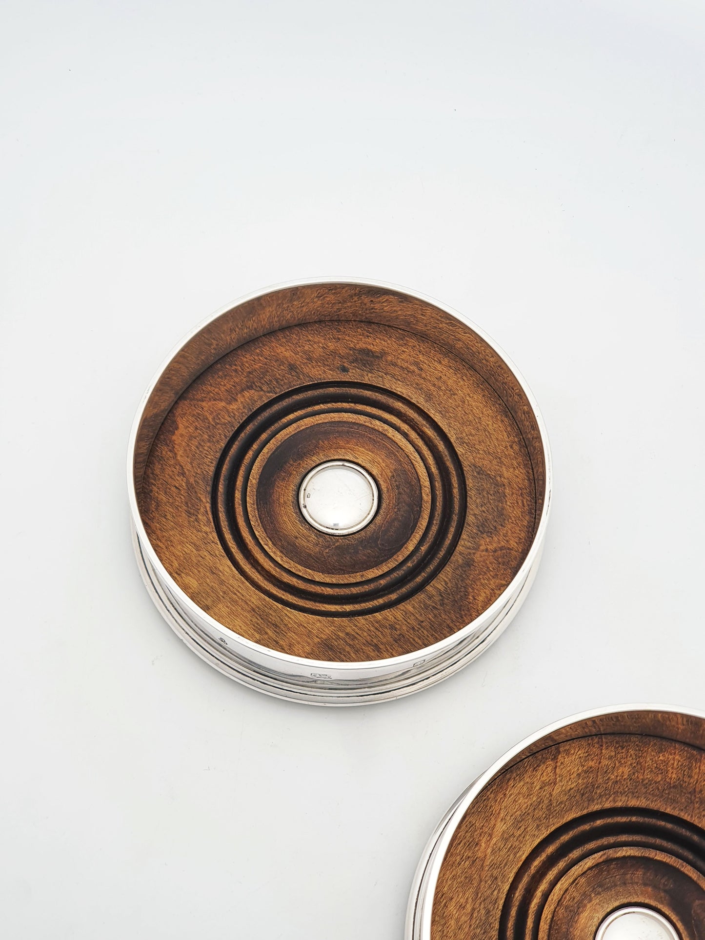 Pair Of Vintage Sterling Silver And Turned Wood Wine Bottle Coasters – London, 1996