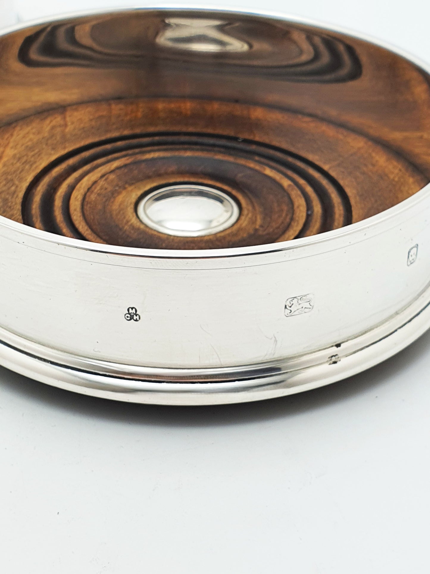Pair Of Vintage Sterling Silver And Turned Wood Wine Bottle Coasters – London, 1996