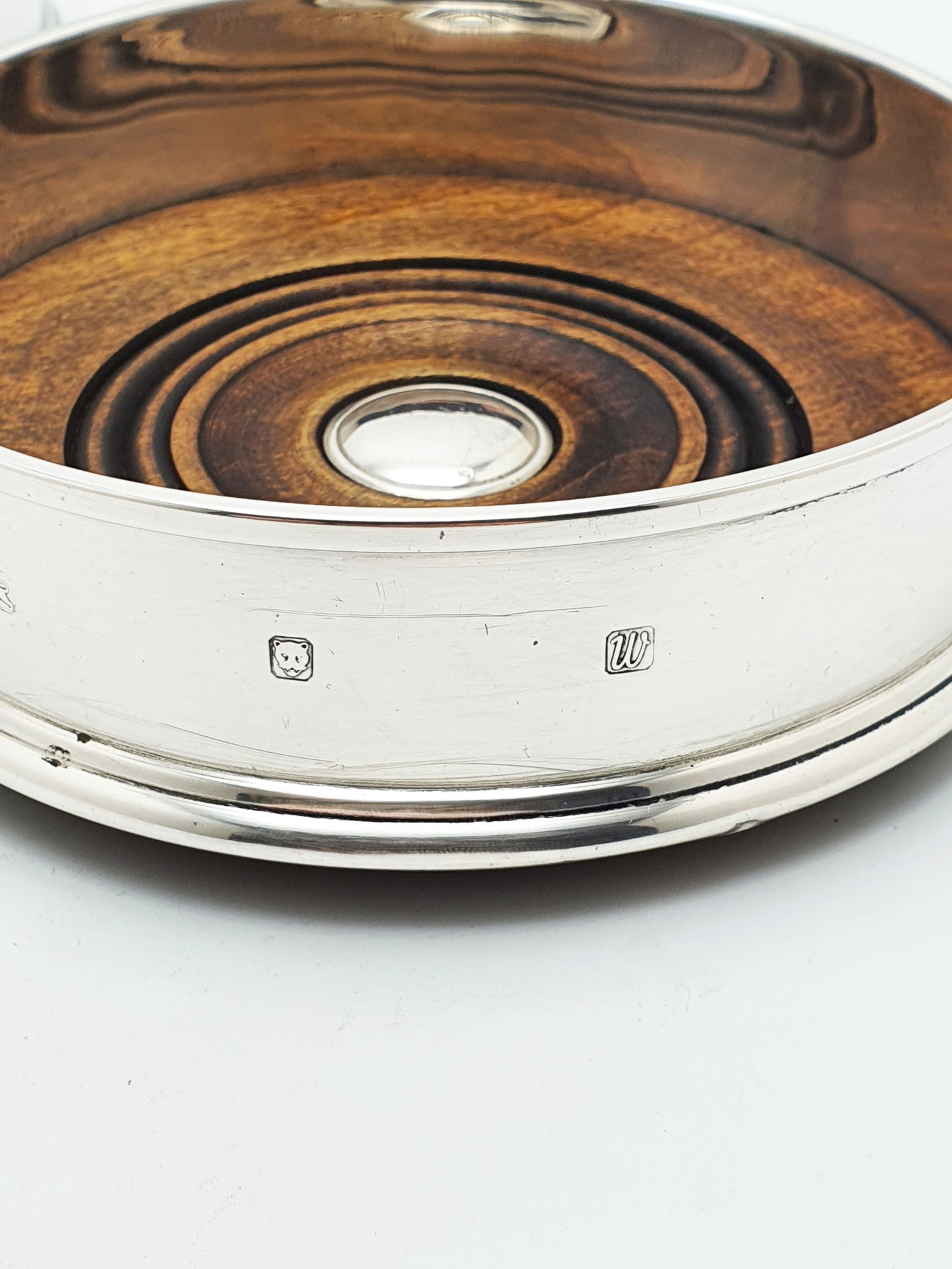 Pair Of Vintage Sterling Silver And Turned Wood Wine Bottle Coasters – London, 1996