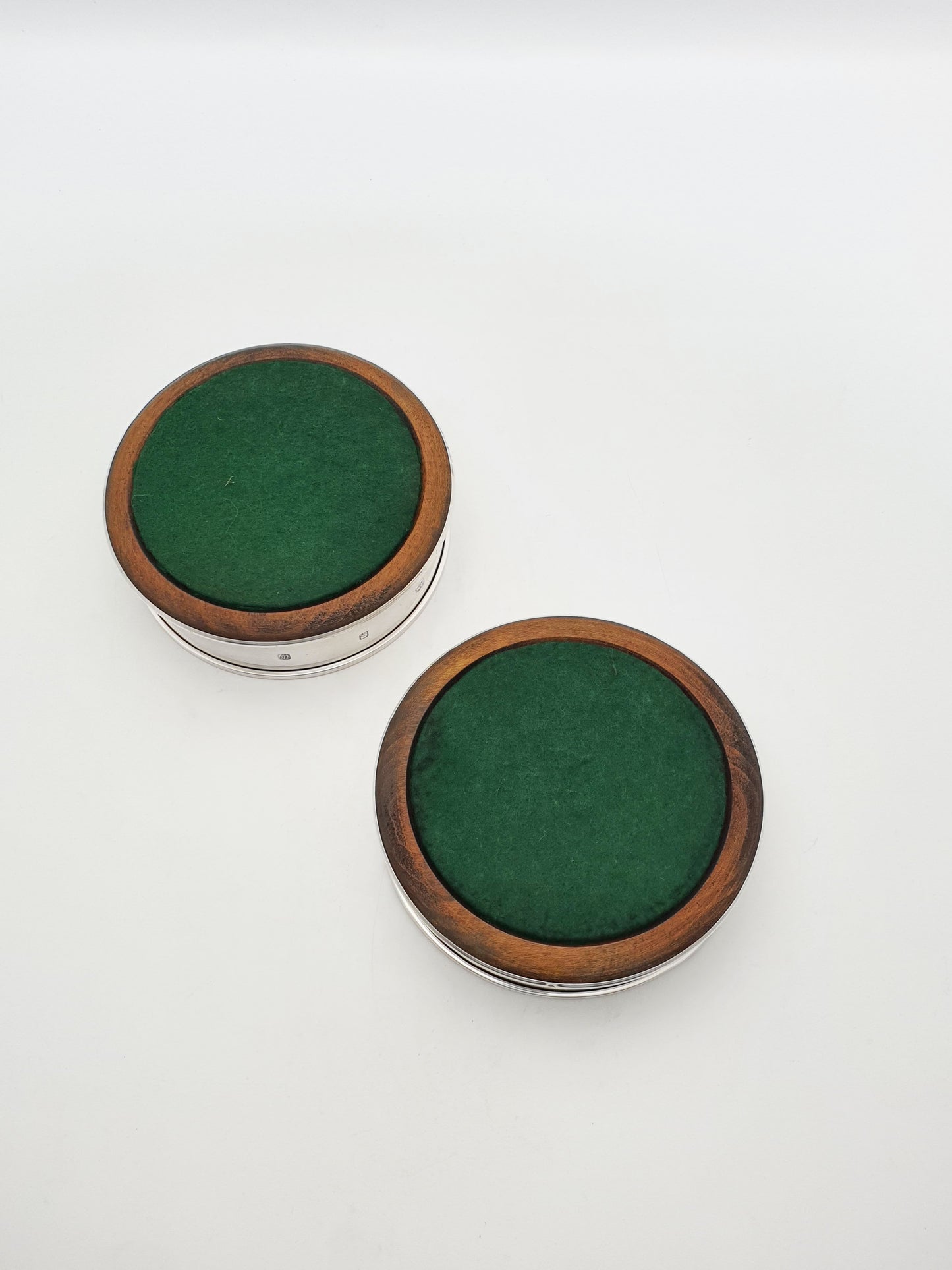 Pair Of Vintage Sterling Silver And Turned Wood Wine Bottle Coasters – London, 1996