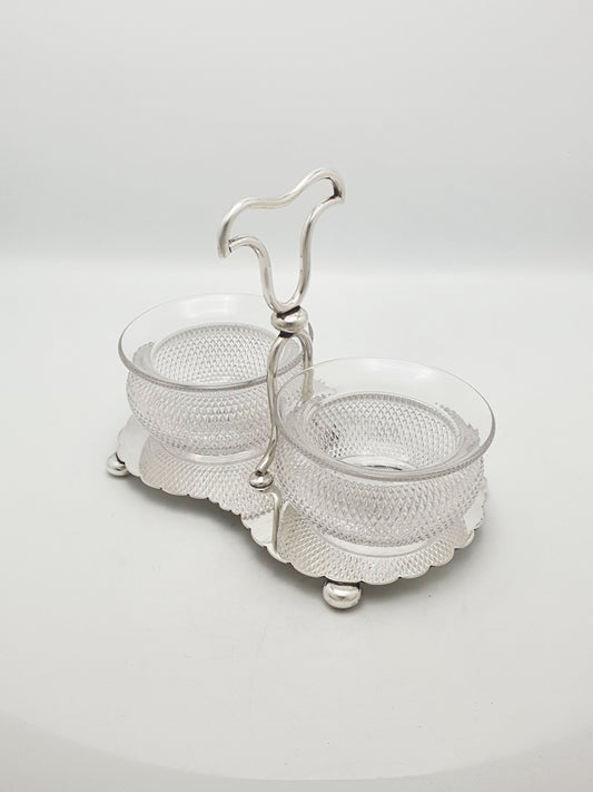 Antique Silver Plated Condiment Stand With Twin Glass Bowls – circa 1920