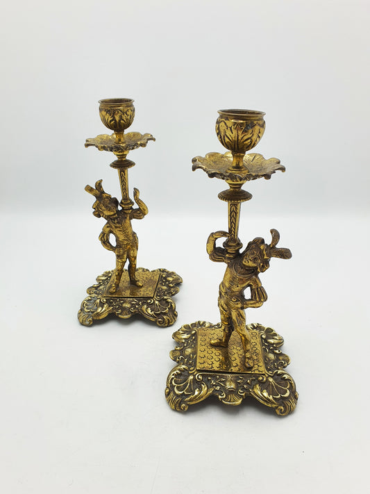 Fantastic Pair of Antique Victorian Brass Figural Candlesticks – circa 1880