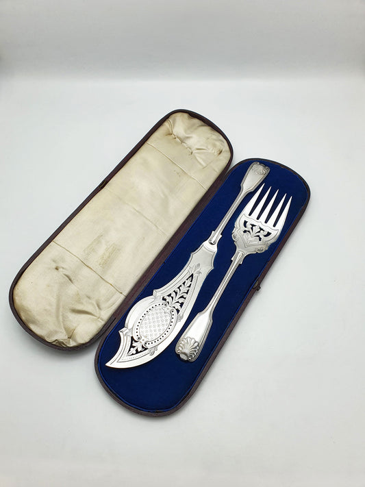 Antique Victorian Silver Plated Engraved Fish Serving Set – circa 1880