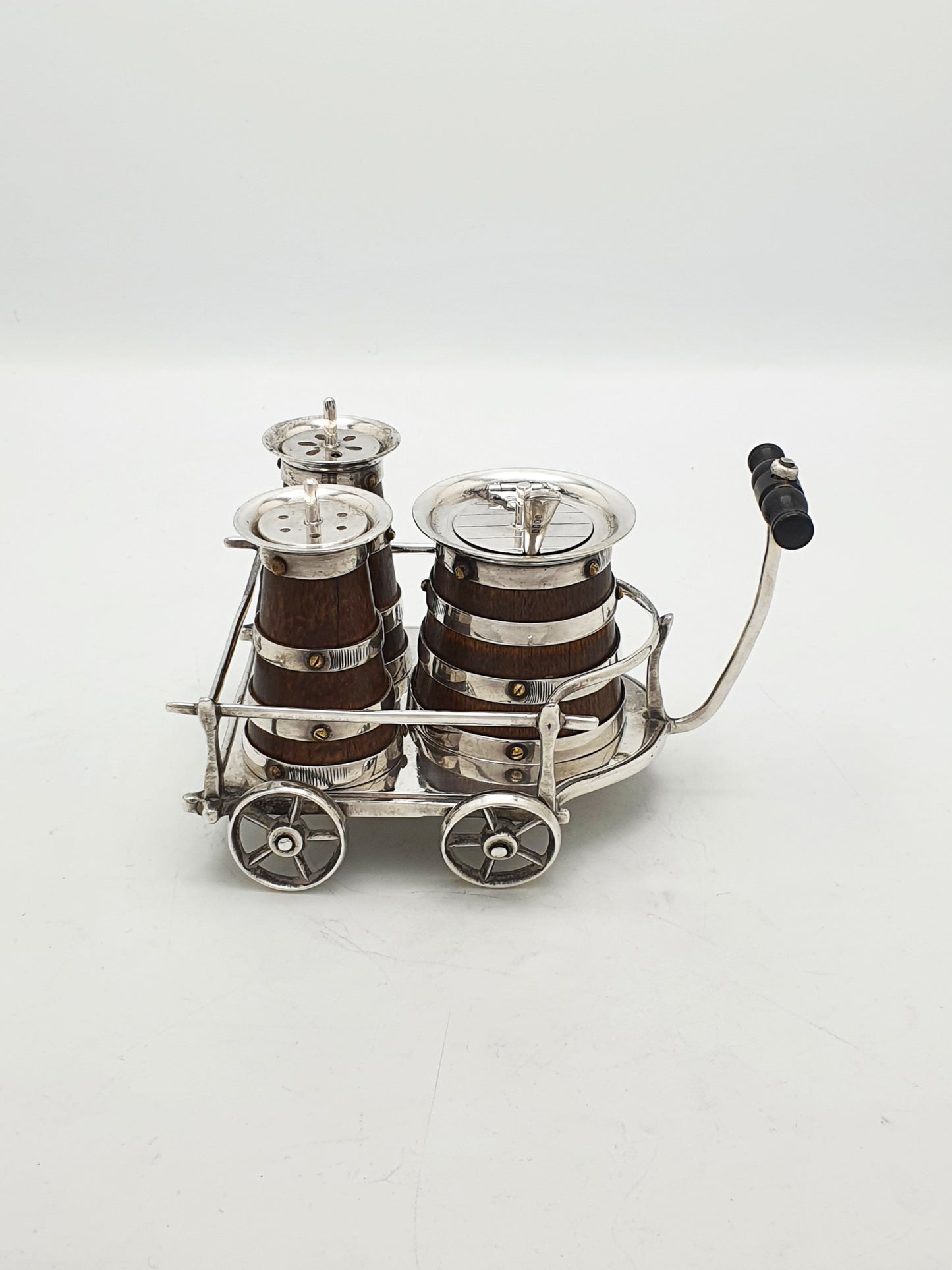Fabulous and Rare Antique Silver Plated Oak Barrel Condiment Cruet Set - 1872