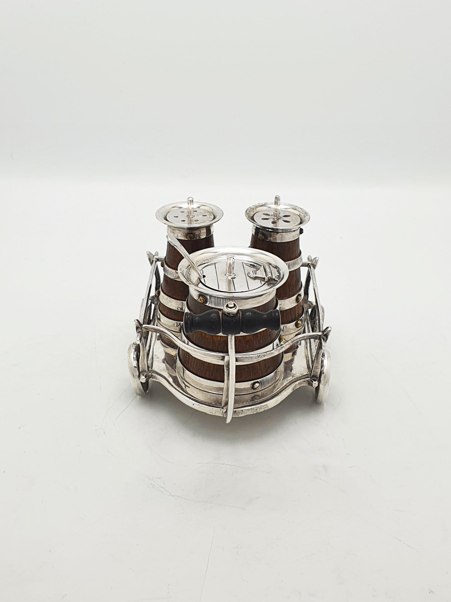 Fabulous and Rare Antique Silver Plated Oak Barrel Condiment Cruet Set - 1872