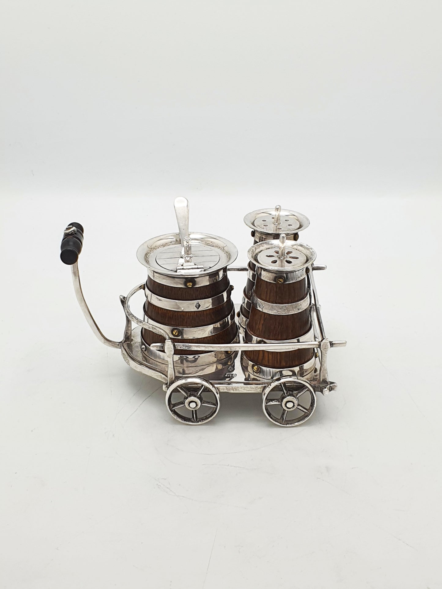 Fabulous and Rare Antique Silver Plated Oak Barrel Condiment Cruet Set - 1872