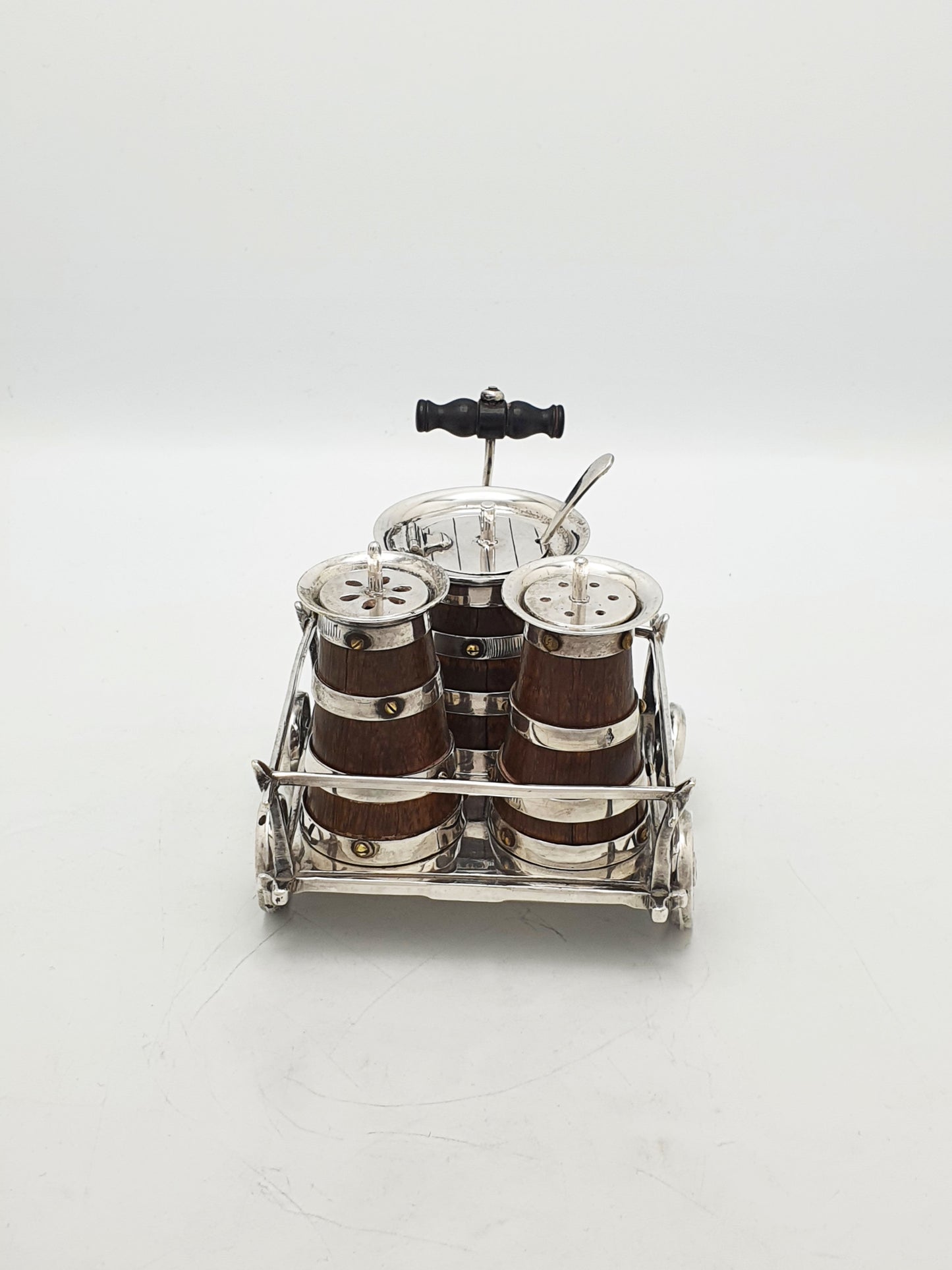 Fabulous and Rare Antique Silver Plated Oak Barrel Condiment Cruet Set - 1872