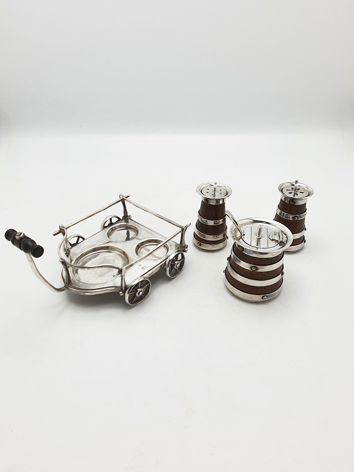 Fabulous and Rare Antique Silver Plated Oak Barrel Condiment Cruet Set - 1872