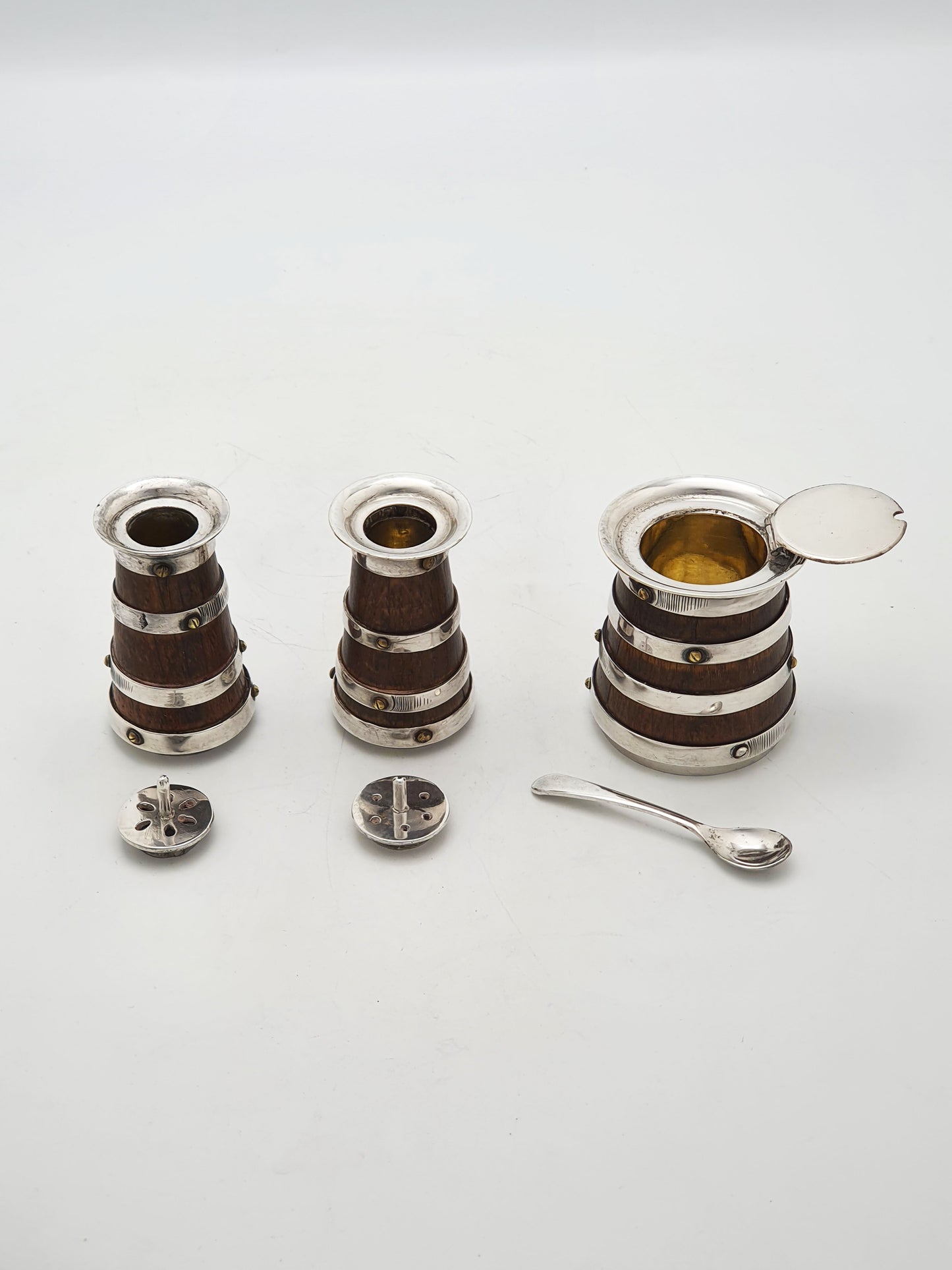 Fabulous and Rare Antique Silver Plated Oak Barrel Condiment Cruet Set - 1872