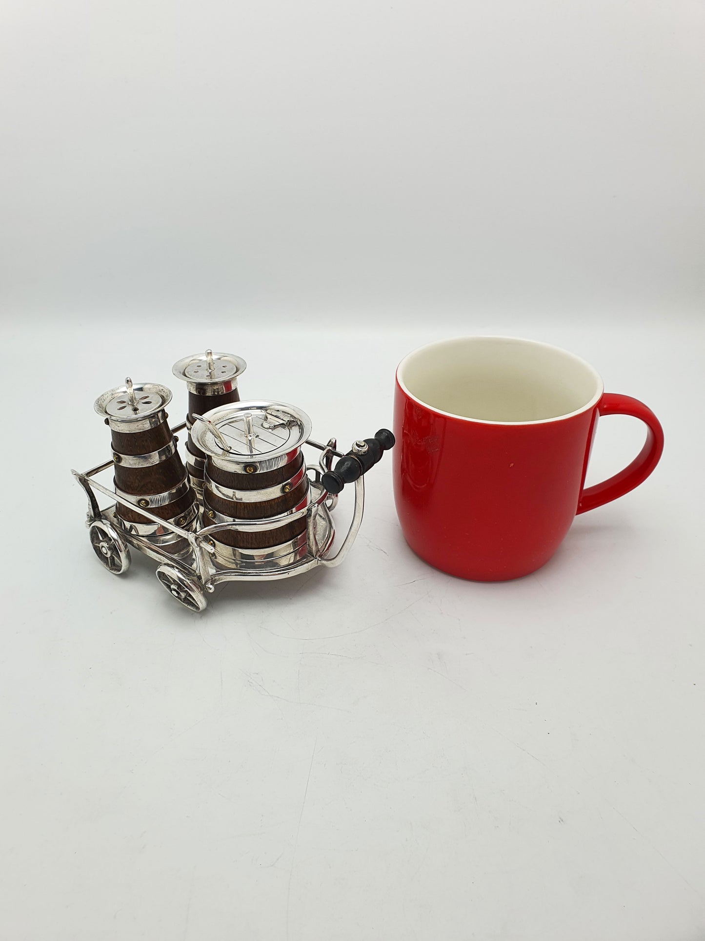 Fabulous and Rare Antique Silver Plated Oak Barrel Condiment Cruet Set - 1872