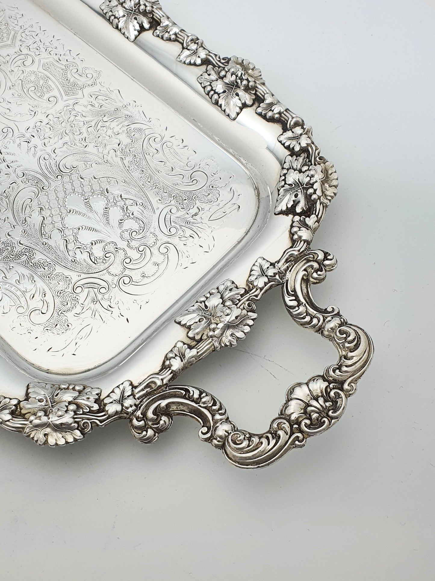 Antique Silver Plated Serving Tray With Grapevine Border – circa 1920