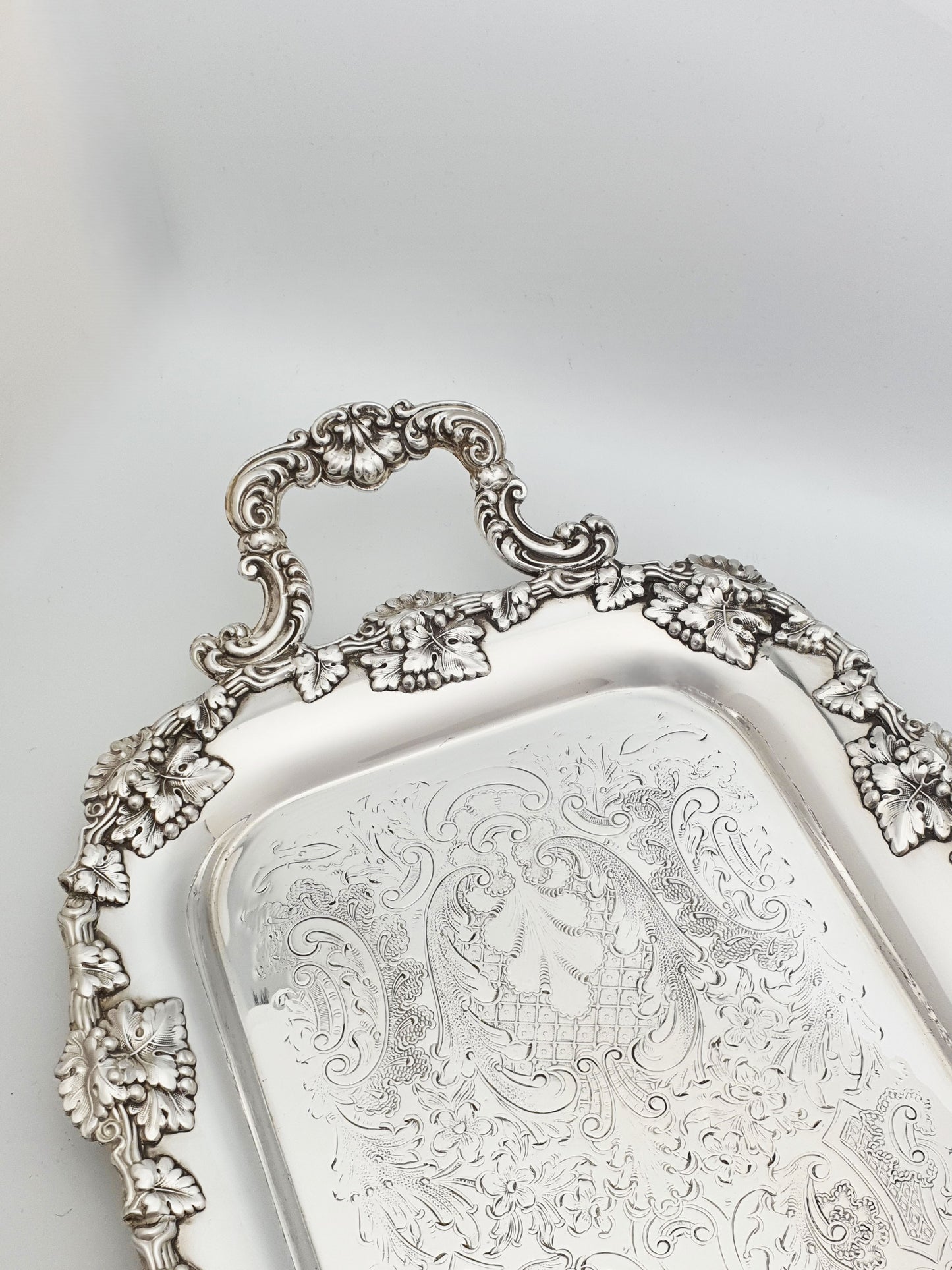 Antique Silver Plated Serving Tray With Grapevine Border – circa 1920