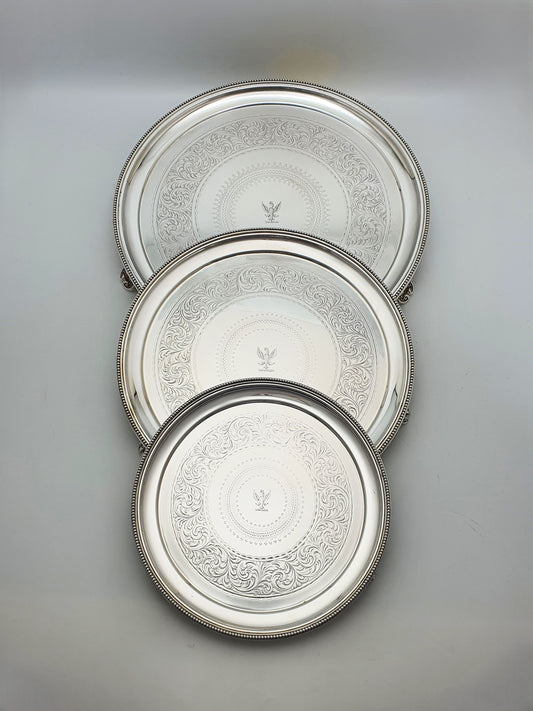 Antique Victorian Elkington Silver Plated Set Of Three Engraved Salvers - 1872