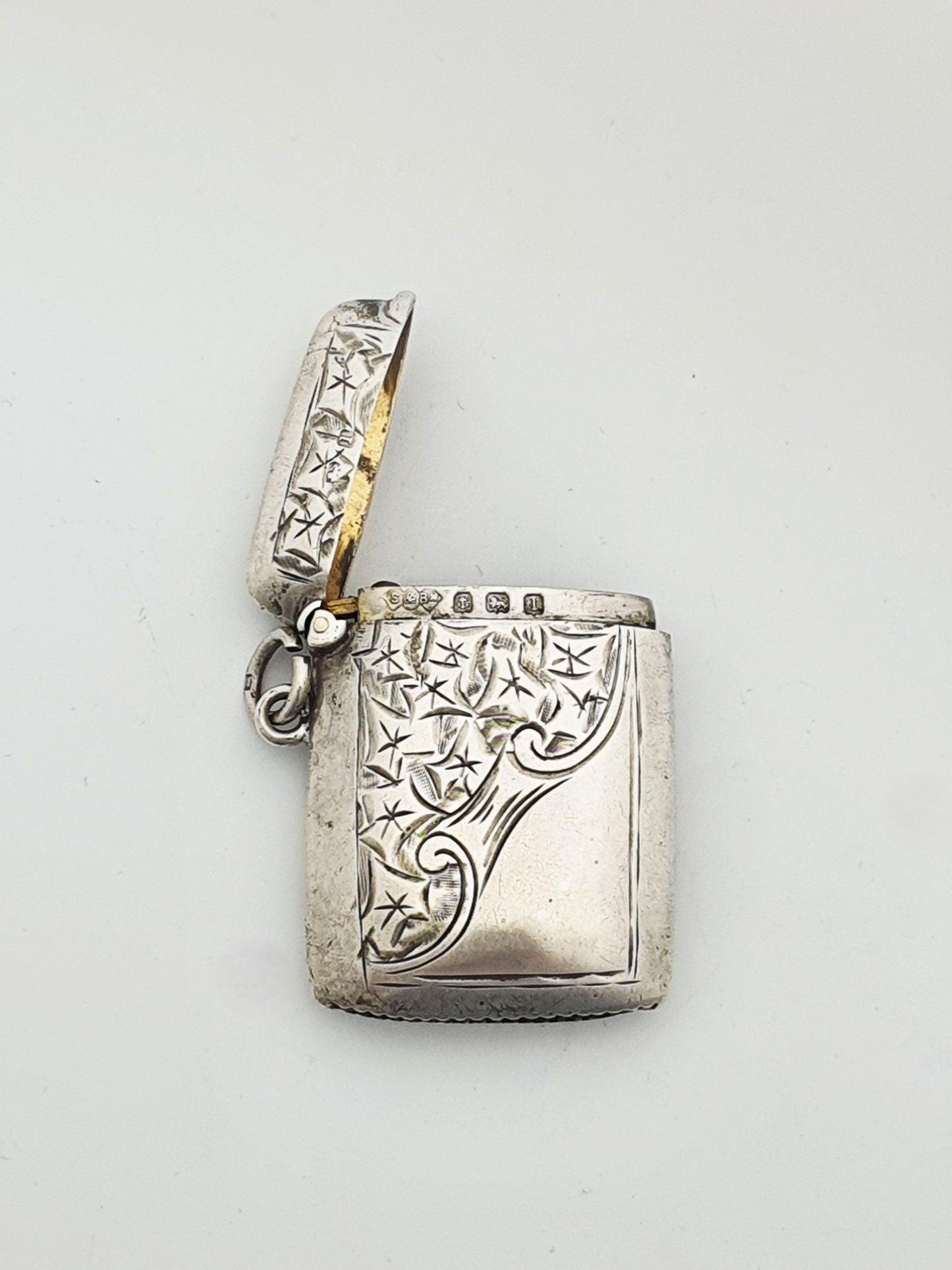 Antique Edwardian Sterling Silver Engraved Vesta Case - 1910