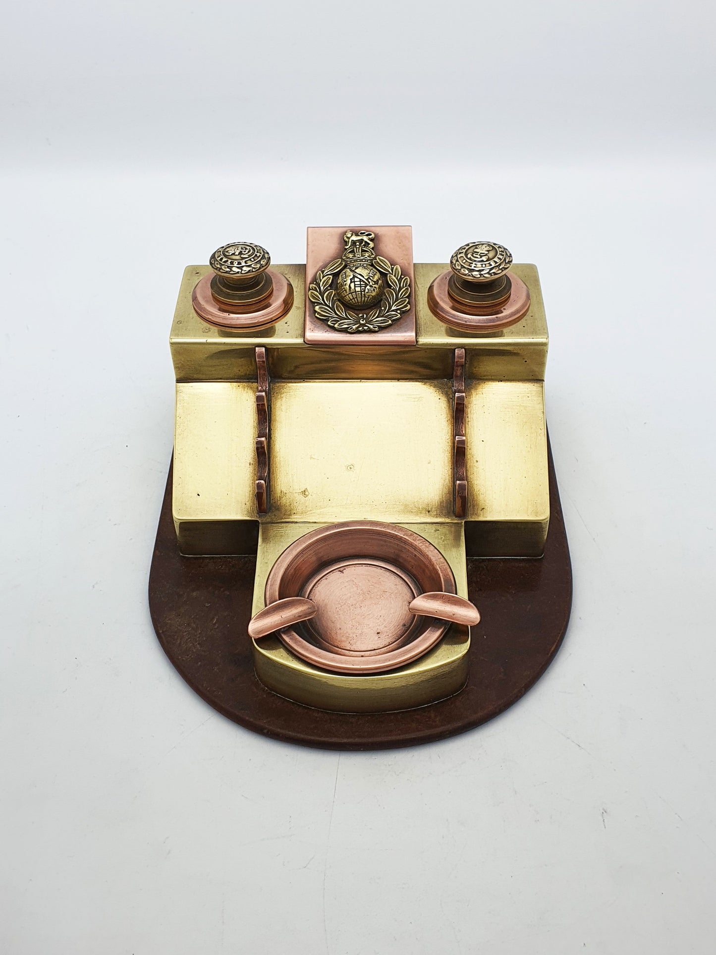 Antique Trench Art Style Royal Marines Brass And Copper Military Desk Set – circa 1950