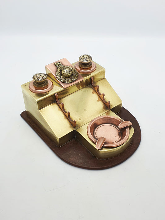 Antique Trench Art Style Royal Marines Brass And Copper Military Desk Set – circa 1950