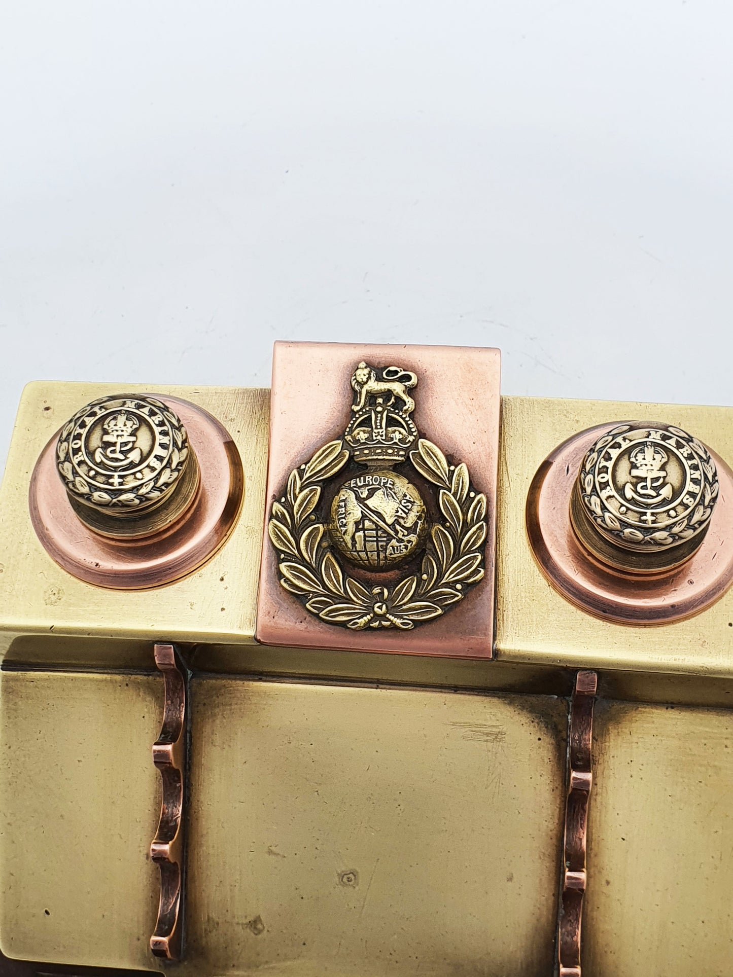 Antique Trench Art Style Royal Marines Brass And Copper Military Desk Set – circa 1950