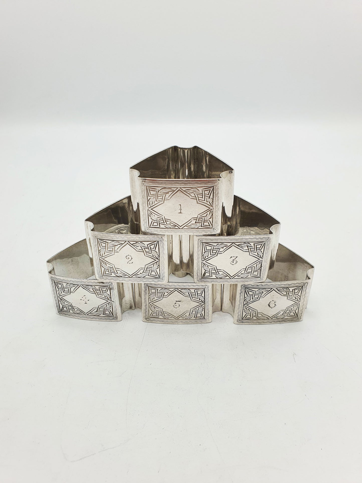 Set Of Six Antique Edwardian Silver Plated Numbered Napkin Rings - circa 1905
