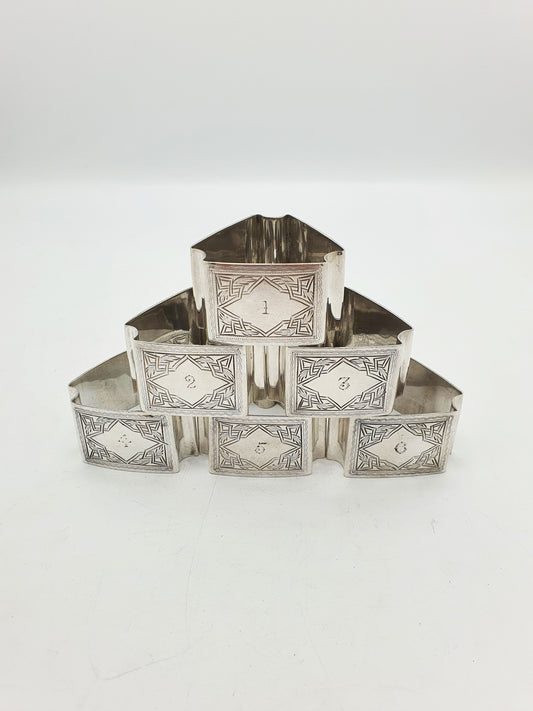 Set Of Six Antique Edwardian Silver Plated Numbered Napkin Rings - circa 1905
