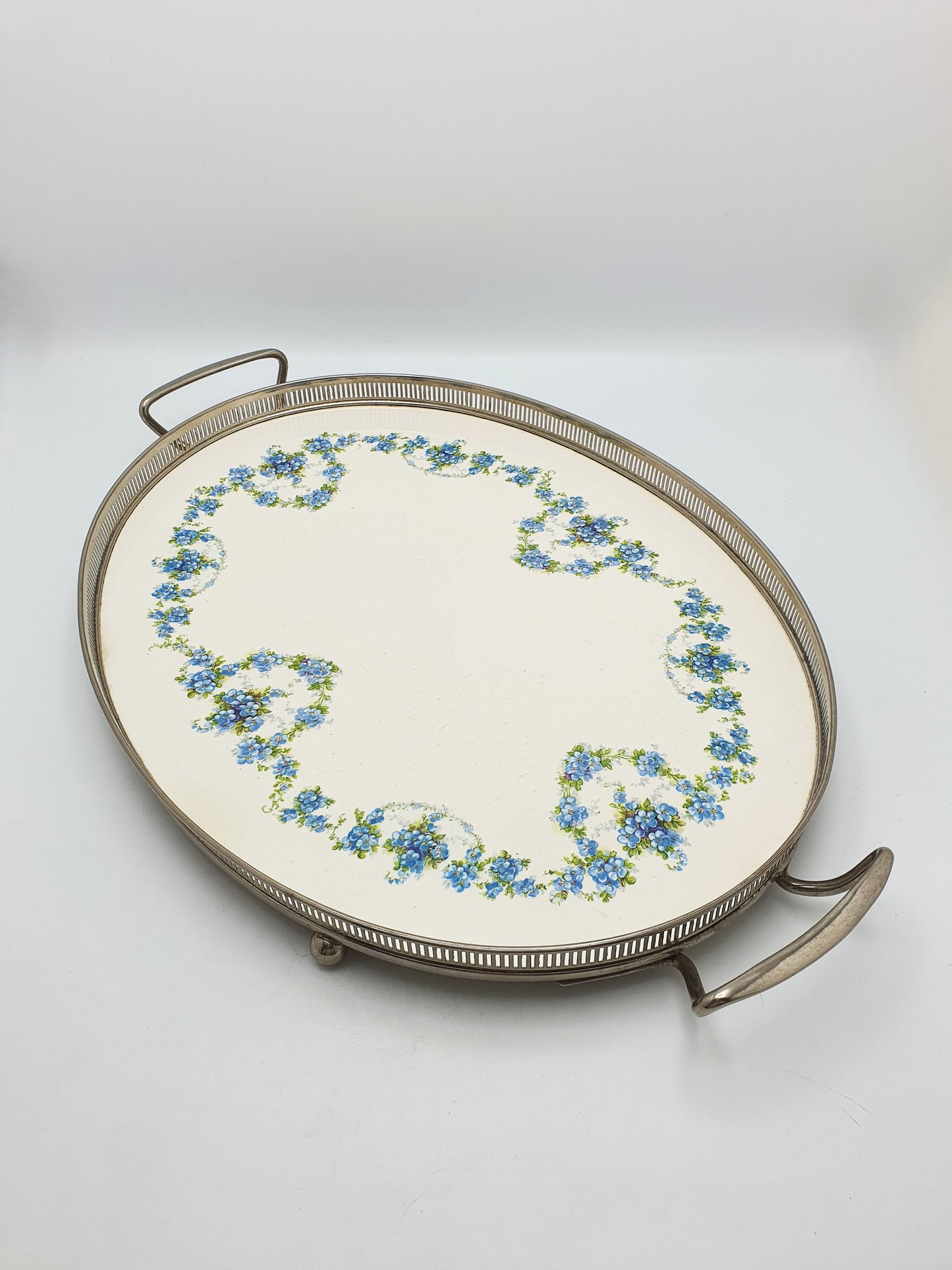 Antique Continental Oval Serving Tray With Blue Floral Centre – circa 1920